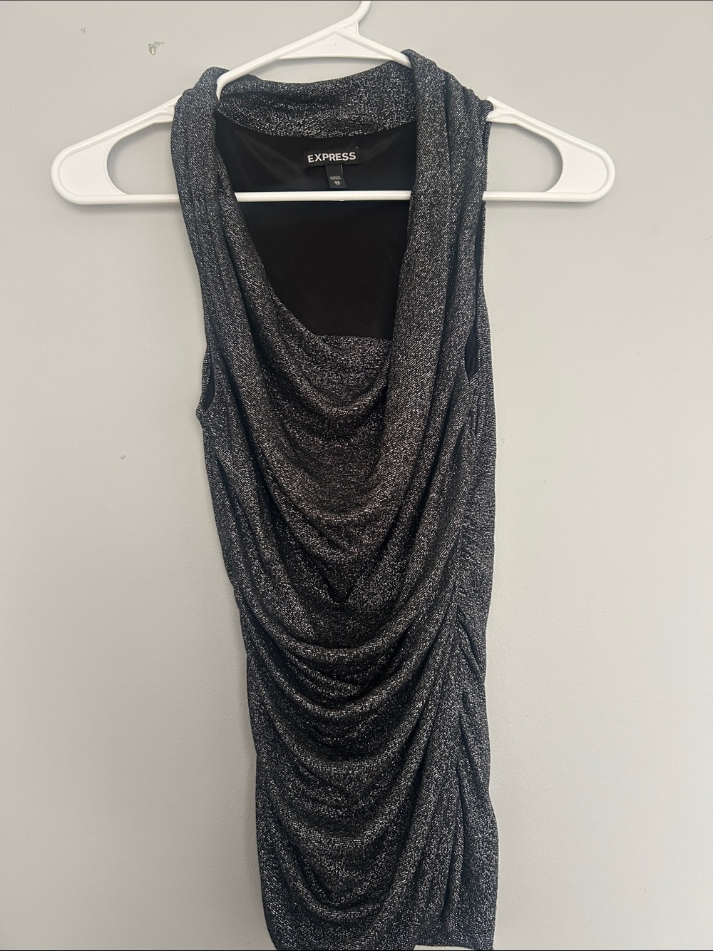 Express Metallic Charcoal Cowl Neck Sleeveless Top